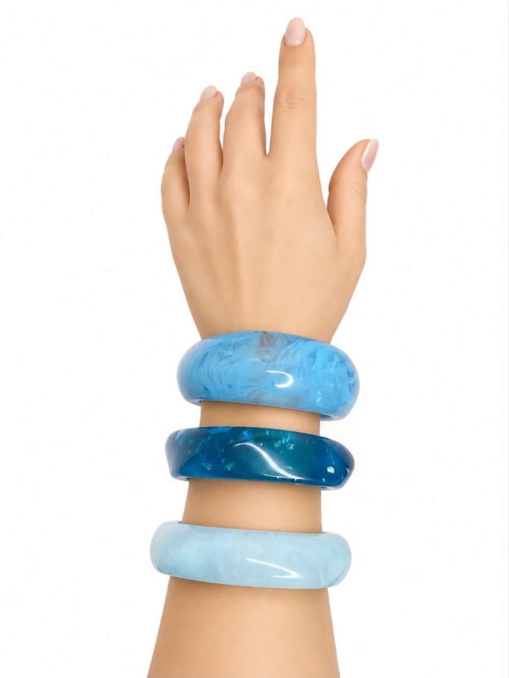 Blue Bangle Bracelet Set of 3 Chunky Stackable Ocean Blue Marbled Statement Gift